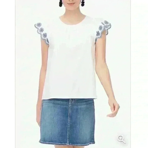 J.Crew White And Blue Embroidered Flutter Sleeve Top Size M - Picture 1 of 9